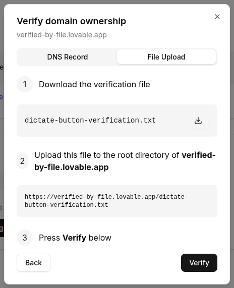 File-based site verification on Dictate Button
