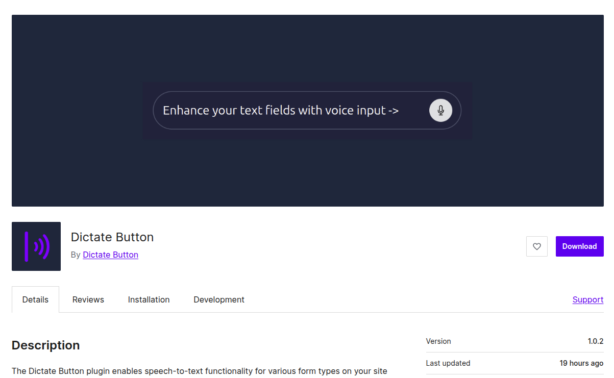 Dictate Button WordPress plugin page